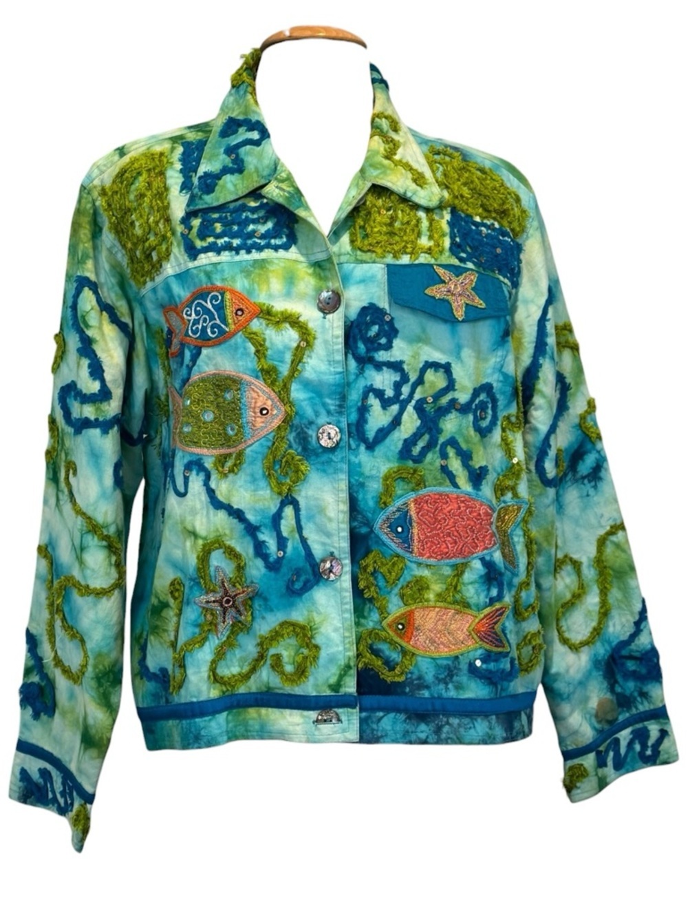 Yak Magik Artsy embroidered  jean style blue green fish coastal jacket size XL